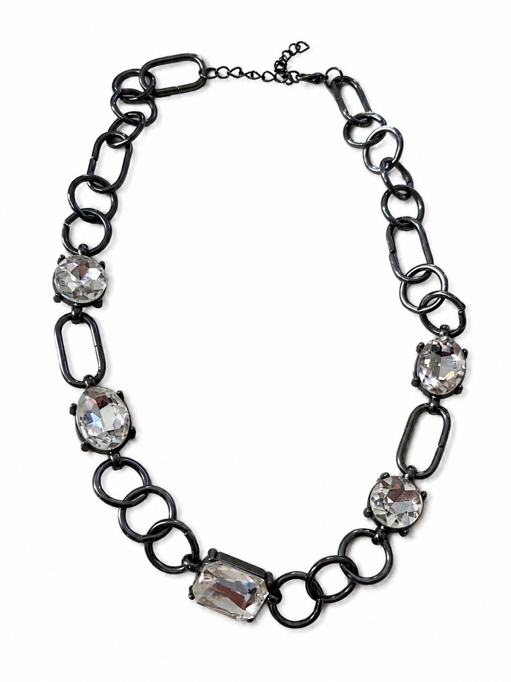 Gunmetal Chain Link Statement Necklace with Clear Crystal Rhinestones Adjustable